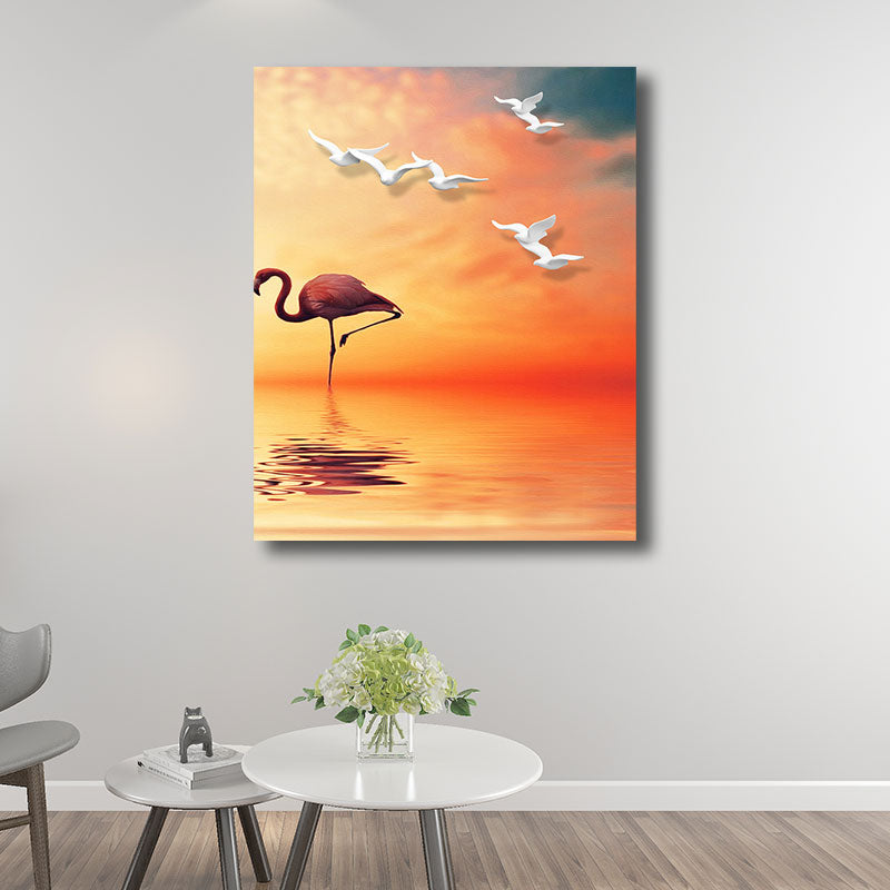 Tropical Flamingo and Seagull Canvas Orange Decorative Art Print for Living Room Orange Design 3 Clearhalo 'Art Gallery' 'Canvas Art' 'Coastal Art Gallery' 'Tropical' Arts' 1786598