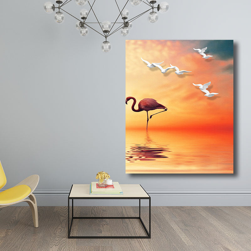 Tropical Flamingo and Seagull Canvas Orange Decorative Art Print for Living Room Clearhalo 'Art Gallery' 'Canvas Art' 'Coastal Art Gallery' 'Tropical' Arts' 1786599