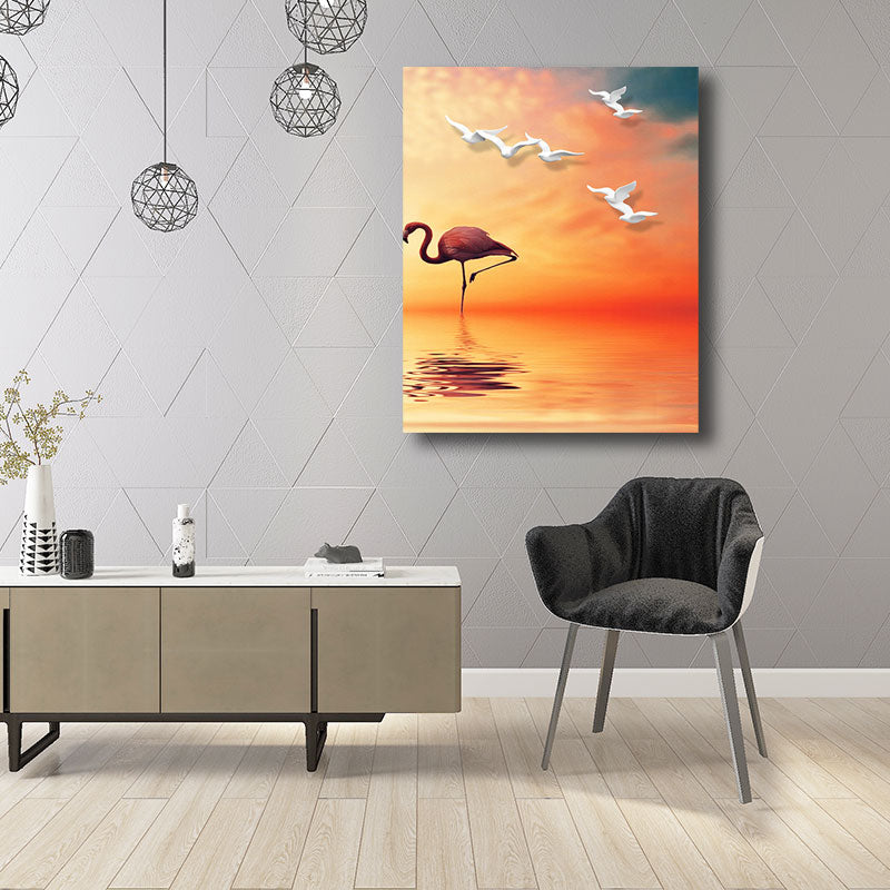 Tropical Flamingo and Seagull Canvas Orange Decorative Art Print for Living Room Clearhalo 'Art Gallery' 'Canvas Art' 'Coastal Art Gallery' 'Tropical' Arts' 1786600