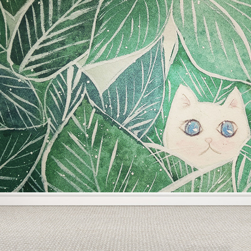 Leaves and Animal Mural Wallpaper Modern Non-Woven Material Wall Covering in Green Green Design 1 Clearhalo 'Wall Decor' 'Wall Mural' 1786623