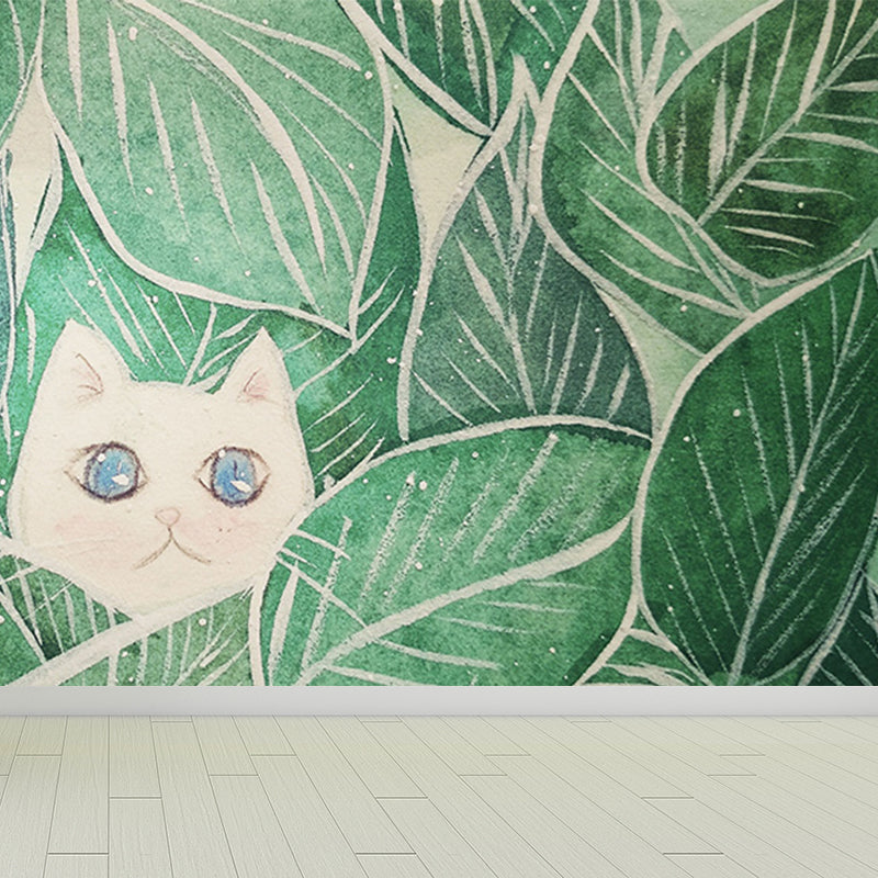 Leaves and Animal Mural Wallpaper Modern Non-Woven Material Wall Covering in Green Clearhalo 'Wall Decor' 'Wall Mural' 1786624
