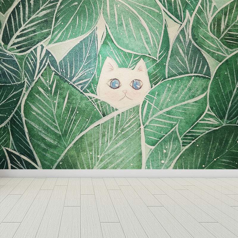 Leaves and Animal Mural Wallpaper Modern Non-Woven Material Wall Covering in Green Clearhalo 'Wall Decor' 'Wall Mural' 1786625