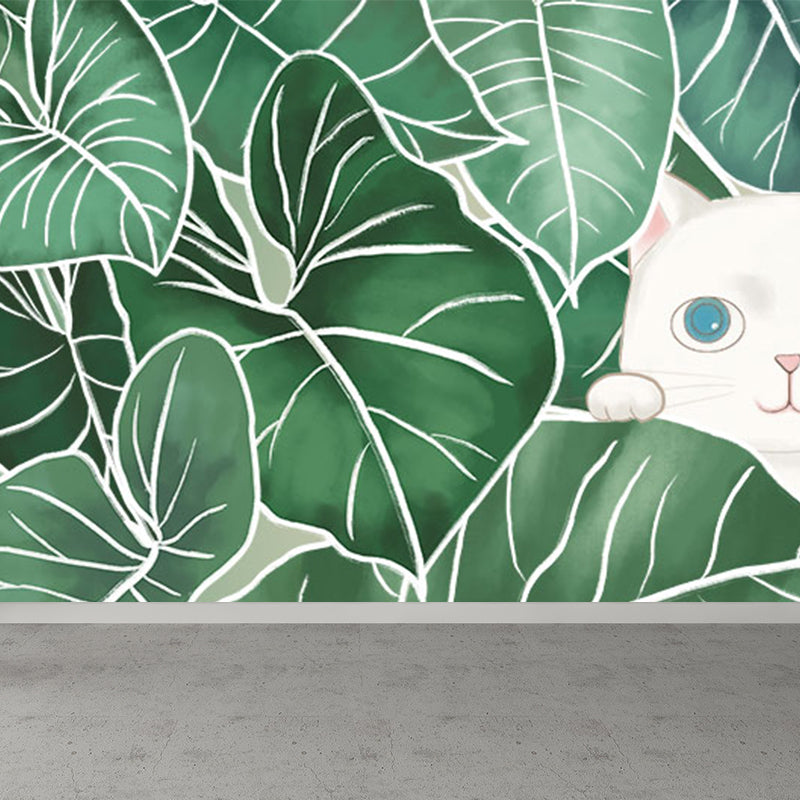 Leaves and Animal Mural Wallpaper Modern Non-Woven Material Wall Covering in Green Clearhalo 'Wall Decor' 'Wall Mural' 1786629