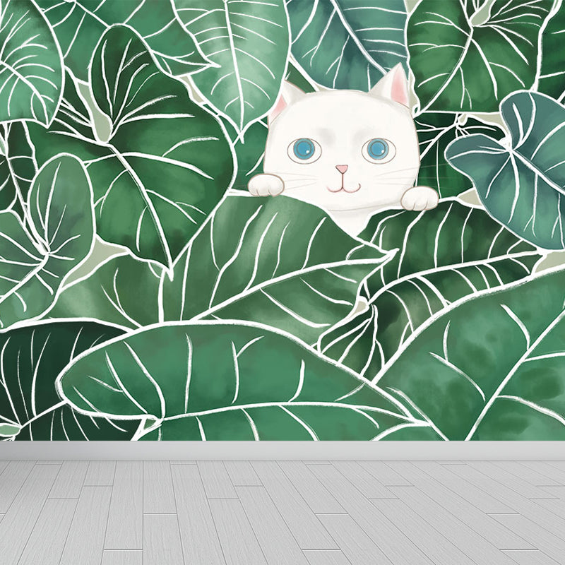 Leaves and Animal Mural Wallpaper Modern Non-Woven Material Wall Covering in Green Clearhalo 'Wall Decor' 'Wall Mural' 1786630