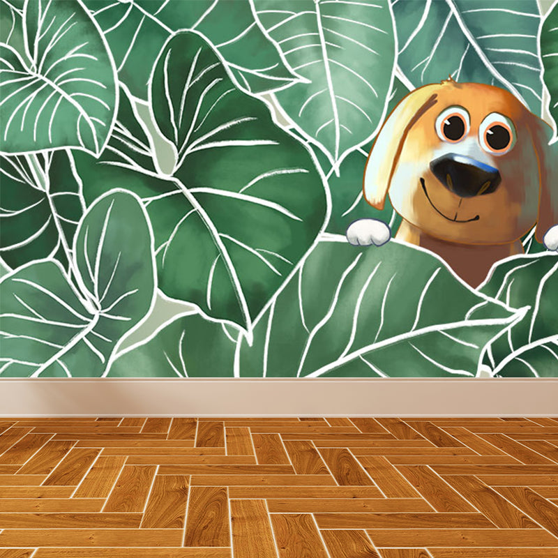 Leaves and Animal Mural Wallpaper Modern Non-Woven Material Wall Covering in Green Clearhalo 'Wall Decor' 'Wall Mural' 1786639