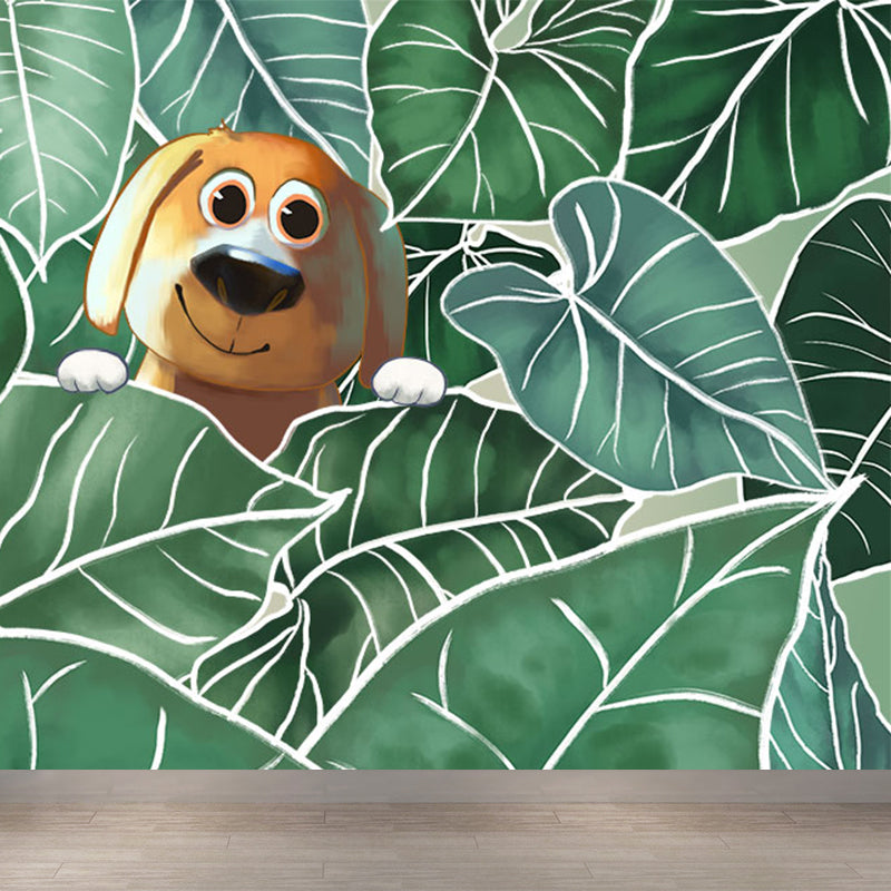 Leaves and Animal Mural Wallpaper Modern Non-Woven Material Wall Covering in Green Clearhalo 'Wall Decor' 'Wall Mural' 1786640