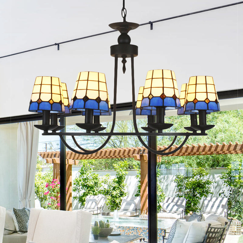 4/6/8 Heads Glass Lattice Bucket Chandelier Tiffany Antique Hanging Light in Blue for Villa Hotel 8 Blue Clearhalo 'Ceiling Lights' 'Chandeliers' 'Close To Ceiling Lights' 'Industrial' 'Middle Century Chandeliers' 'Tiffany Chandeliers' 'Tiffany close to ceiling' 'Tiffany' Lighting' 178677