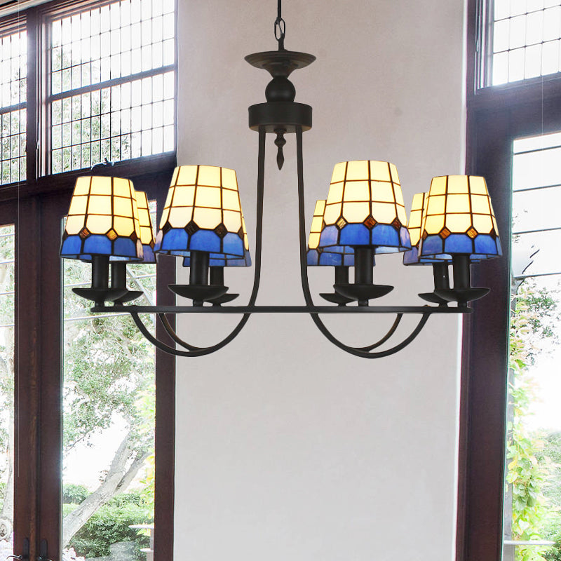 4/6/8 Heads Glass Lattice Bucket Chandelier Tiffany Antique Hanging Light in Blue for Villa Hotel Clearhalo 'Ceiling Lights' 'Chandeliers' 'Close To Ceiling Lights' 'Industrial' 'Middle Century Chandeliers' 'Tiffany Chandeliers' 'Tiffany close to ceiling' 'Tiffany' Lighting' 178678