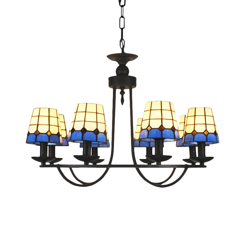 4/6/8 Heads Glass Lattice Bucket Chandelier Tiffany Antique Hanging Light in Blue for Villa Hotel Clearhalo 'Ceiling Lights' 'Chandeliers' 'Close To Ceiling Lights' 'Industrial' 'Middle Century Chandeliers' 'Tiffany Chandeliers' 'Tiffany close to ceiling' 'Tiffany' Lighting' 178679