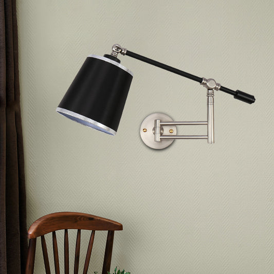 Gold/Silver Rotatable Arm Wall Sconce Light Fixture Metal 1 Bulb Bedroom Wall Mounted Lamp with Black Barrel Shade Clearhalo 'Art deco wall lights' 'Cast Iron' 'Glass' 'Industrial wall lights' 'Industrial' 'Middle century wall lights' 'Modern' 'Rustic wall lights' 'Tiffany' 'Traditional wall lights' 'Wall Lamps & Sconces' 'Wall Lights' Lighting' 1786792