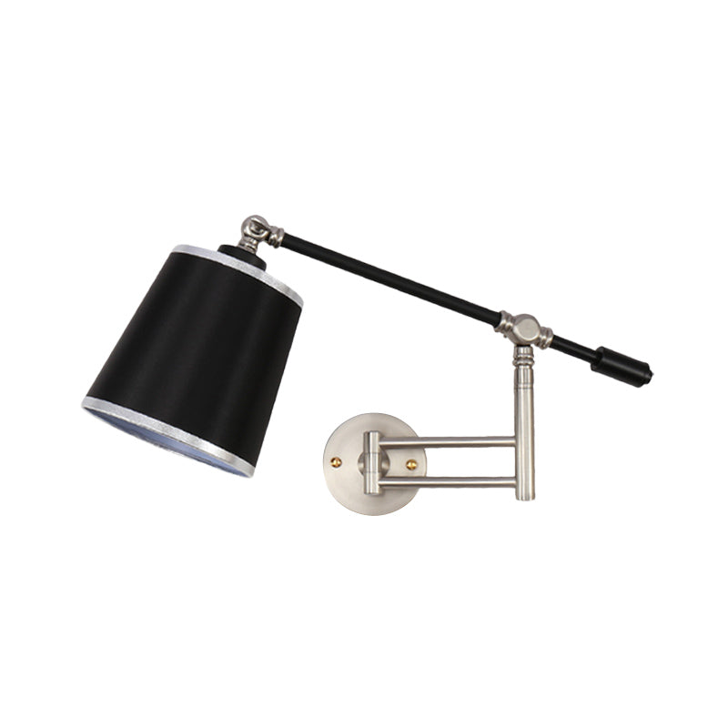 Gold/Silver Rotatable Arm Wall Sconce Light Fixture Metal 1 Bulb Bedroom Wall Mounted Lamp with Black Barrel Shade Clearhalo 'Art deco wall lights' 'Cast Iron' 'Glass' 'Industrial wall lights' 'Industrial' 'Middle century wall lights' 'Modern' 'Rustic wall lights' 'Tiffany' 'Traditional wall lights' 'Wall Lamps & Sconces' 'Wall Lights' Lighting' 1786793