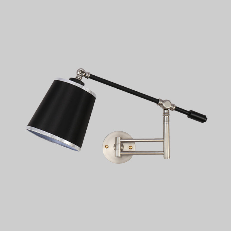Gold/Silver Rotatable Arm Wall Sconce Light Fixture Metal 1 Bulb Bedroom Wall Mounted Lamp with Black Barrel Shade Clearhalo 'Art deco wall lights' 'Cast Iron' 'Glass' 'Industrial wall lights' 'Industrial' 'Middle century wall lights' 'Modern' 'Rustic wall lights' 'Tiffany' 'Traditional wall lights' 'Wall Lamps & Sconces' 'Wall Lights' Lighting' 1786794