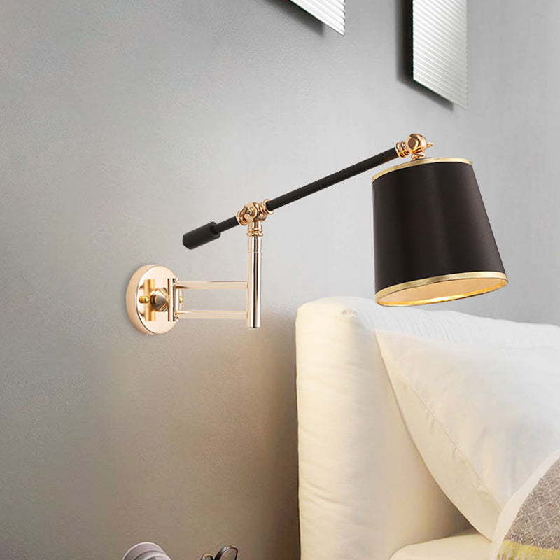 Gold/Silver Rotatable Arm Wall Sconce Light Fixture Metal 1 Bulb Bedroom Wall Mounted Lamp with Black Barrel Shade Clearhalo 'Art deco wall lights' 'Cast Iron' 'Glass' 'Industrial wall lights' 'Industrial' 'Middle century wall lights' 'Modern' 'Rustic wall lights' 'Tiffany' 'Traditional wall lights' 'Wall Lamps & Sconces' 'Wall Lights' Lighting' 1786796