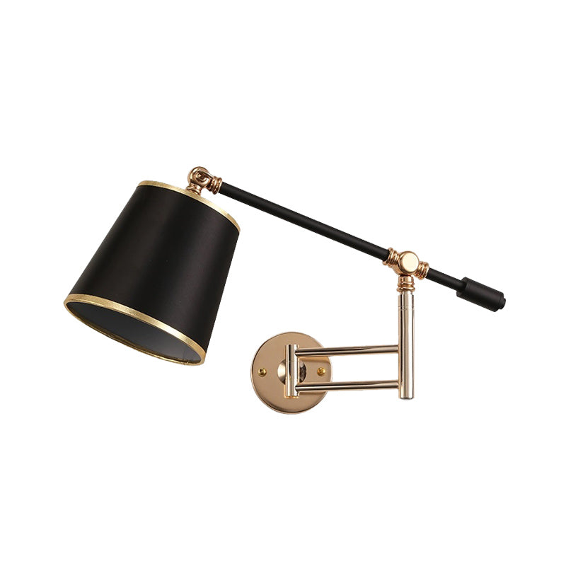 Gold/Silver Rotatable Arm Wall Sconce Light Fixture Metal 1 Bulb Bedroom Wall Mounted Lamp with Black Barrel Shade Clearhalo 'Art deco wall lights' 'Cast Iron' 'Glass' 'Industrial wall lights' 'Industrial' 'Middle century wall lights' 'Modern' 'Rustic wall lights' 'Tiffany' 'Traditional wall lights' 'Wall Lamps & Sconces' 'Wall Lights' Lighting' 1786798