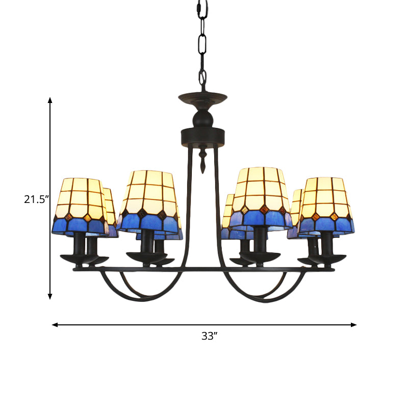 4/6/8 Heads Glass Lattice Bucket Chandelier Tiffany Antique Hanging Light in Blue for Villa Hotel Clearhalo 'Ceiling Lights' 'Chandeliers' 'Close To Ceiling Lights' 'Industrial' 'Middle Century Chandeliers' 'Tiffany Chandeliers' 'Tiffany close to ceiling' 'Tiffany' Lighting' 178680