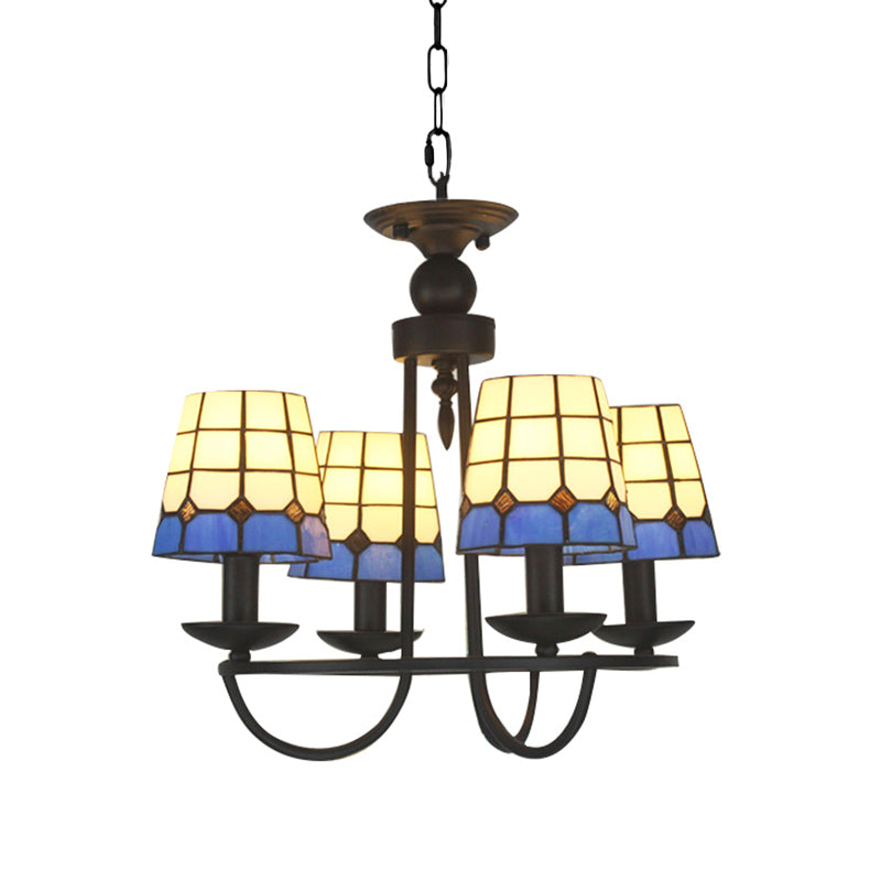 4/6/8 Heads Glass Lattice Bucket Chandelier Tiffany Antique Hanging Light in Blue for Villa Hotel Clearhalo 'Ceiling Lights' 'Chandeliers' 'Close To Ceiling Lights' 'Industrial' 'Middle Century Chandeliers' 'Tiffany Chandeliers' 'Tiffany close to ceiling' 'Tiffany' Lighting' 178684