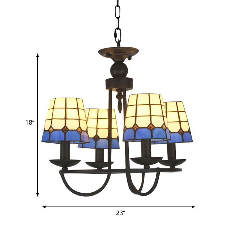 4/6/8 Heads Glass Lattice Bucket Chandelier Tiffany Antique Hanging Light in Blue for Villa Hotel Clearhalo 'Ceiling Lights' 'Chandeliers' 'Close To Ceiling Lights' 'Industrial' 'Middle Century Chandeliers' 'Tiffany Chandeliers' 'Tiffany close to ceiling' 'Tiffany' Lighting' 178685