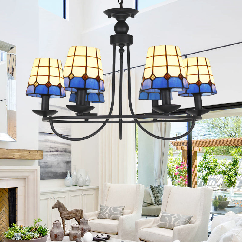 4/6/8 Heads Glass Lattice Bucket Chandelier Tiffany Antique Hanging Light in Blue for Villa Hotel Clearhalo 'Ceiling Lights' 'Chandeliers' 'Close To Ceiling Lights' 'Industrial' 'Middle Century Chandeliers' 'Tiffany Chandeliers' 'Tiffany close to ceiling' 'Tiffany' Lighting' 178687