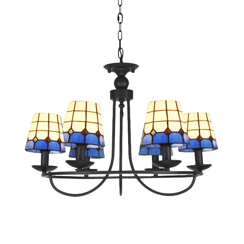 4/6/8 Heads Glass Lattice Bucket Chandelier Tiffany Antique Hanging Light in Blue for Villa Hotel Clearhalo 'Ceiling Lights' 'Chandeliers' 'Close To Ceiling Lights' 'Industrial' 'Middle Century Chandeliers' 'Tiffany Chandeliers' 'Tiffany close to ceiling' 'Tiffany' Lighting' 178688