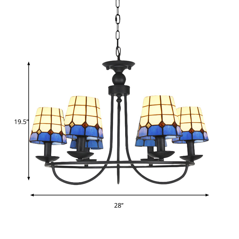 4/6/8 Heads Glass Lattice Bucket Chandelier Tiffany Antique Hanging Light in Blue for Villa Hotel Clearhalo 'Ceiling Lights' 'Chandeliers' 'Close To Ceiling Lights' 'Industrial' 'Middle Century Chandeliers' 'Tiffany Chandeliers' 'Tiffany close to ceiling' 'Tiffany' Lighting' 178689