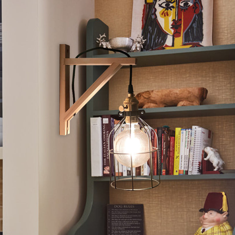 Black 1 Light Wall Lamp Loft Style Iron Pear Shaped/Diamond Cage/Birdcage Wall Mounted Fixture in Black with Wood Brace Clearhalo 'Art deco wall lights' 'Cast Iron' 'Glass' 'Industrial wall lights' 'Industrial' 'Middle century wall lights' 'Modern' 'Rustic wall lights' 'Tiffany' 'Traditional wall lights' 'Wall Lamps & Sconces' 'Wall Lights' Lighting' 1787047