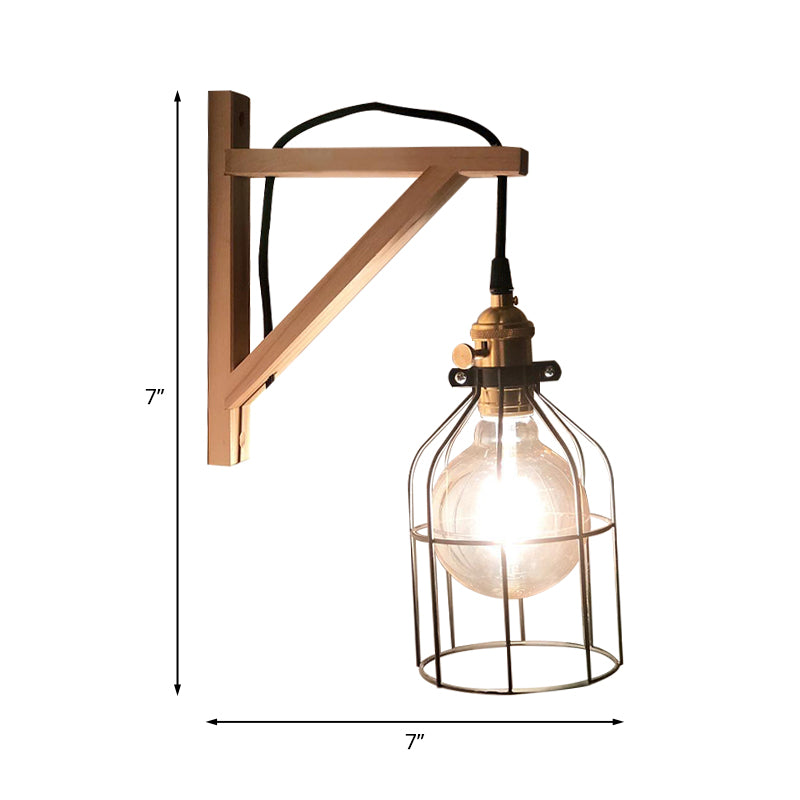 Black 1 Light Wall Lamp Loft Style Iron Pear Shaped/Diamond Cage/Birdcage Wall Mounted Fixture in Black with Wood Brace Clearhalo 'Art deco wall lights' 'Cast Iron' 'Glass' 'Industrial wall lights' 'Industrial' 'Middle century wall lights' 'Modern' 'Rustic wall lights' 'Tiffany' 'Traditional wall lights' 'Wall Lamps & Sconces' 'Wall Lights' Lighting' 1787051