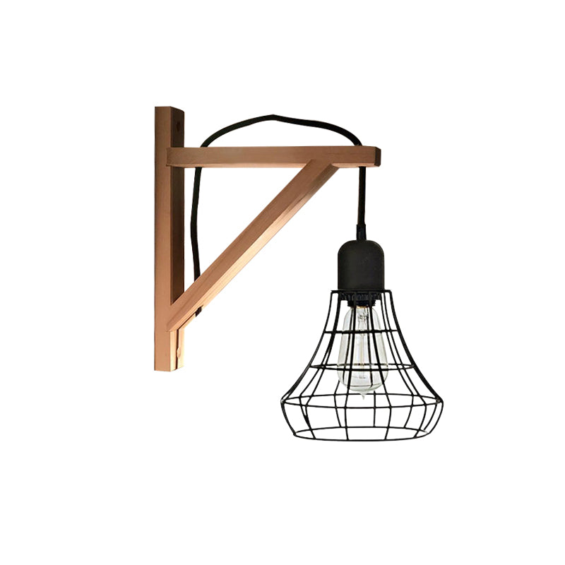 Black 1 Light Wall Lamp Loft Style Iron Pear Shaped/Diamond Cage/Birdcage Wall Mounted Fixture in Black with Wood Brace Clearhalo 'Art deco wall lights' 'Cast Iron' 'Glass' 'Industrial wall lights' 'Industrial' 'Middle century wall lights' 'Modern' 'Rustic wall lights' 'Tiffany' 'Traditional wall lights' 'Wall Lamps & Sconces' 'Wall Lights' Lighting' 1787060