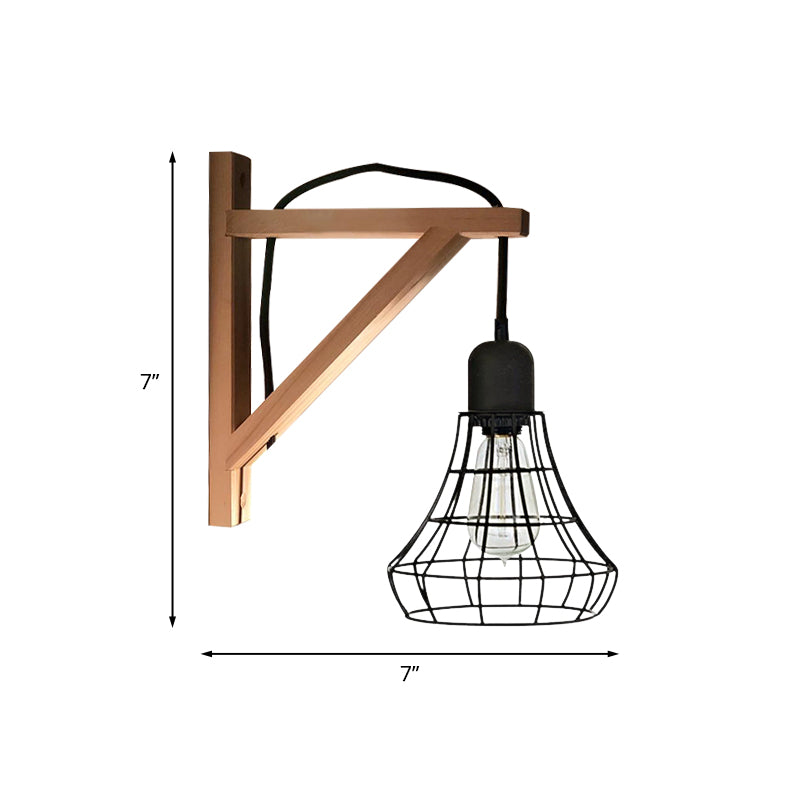 Black 1 Light Wall Lamp Loft Style Iron Pear Shaped/Diamond Cage/Birdcage Wall Mounted Fixture in Black with Wood Brace Clearhalo 'Art deco wall lights' 'Cast Iron' 'Glass' 'Industrial wall lights' 'Industrial' 'Middle century wall lights' 'Modern' 'Rustic wall lights' 'Tiffany' 'Traditional wall lights' 'Wall Lamps & Sconces' 'Wall Lights' Lighting' 1787061
