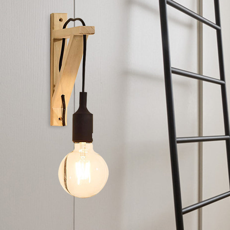 Single Exposed Bulb Wall Mounted Lamp Warehouse Black/Grey/Red Silica Gel Sconce with Wood Triangle Brace Wood B Clearhalo 'Industrial wall lights' 'Industrial' 'Middle century wall lights' 'Rustic wall lights' 'Tiffany' 'Wall Lamps & Sconces' 'Wall Lights' Lighting' 1787063