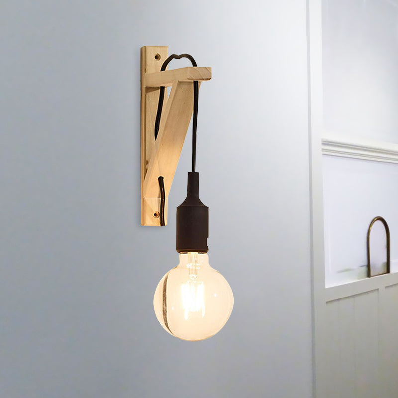 Single Exposed Bulb Wall Mounted Lamp Warehouse Black/Grey/Red Silica Gel Sconce with Wood Triangle Brace Clearhalo 'Industrial wall lights' 'Industrial' 'Middle century wall lights' 'Rustic wall lights' 'Tiffany' 'Wall Lamps & Sconces' 'Wall Lights' Lighting' 1787064