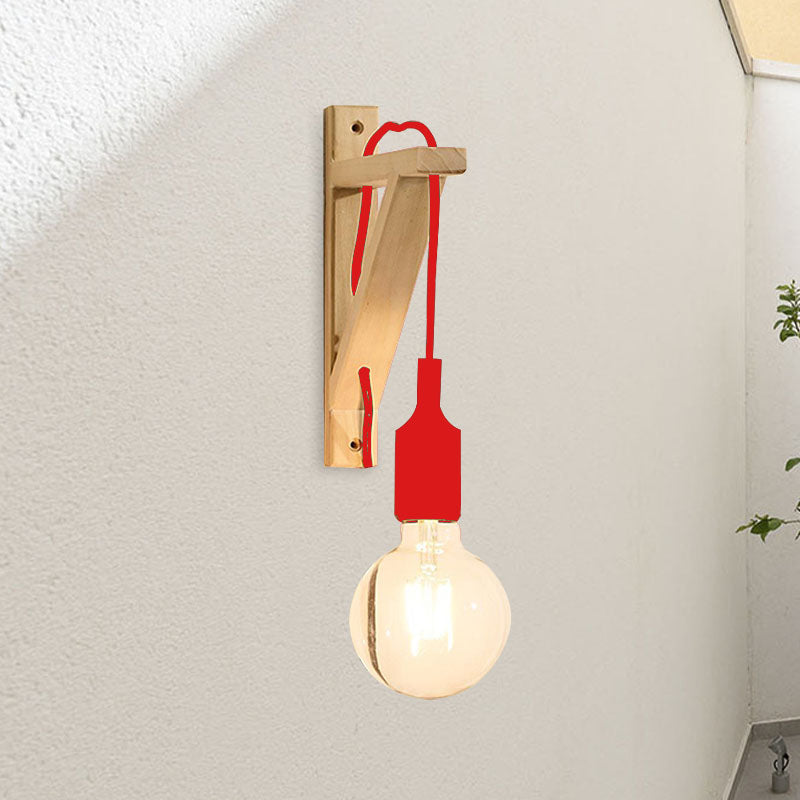 Single Exposed Bulb Wall Mounted Lamp Warehouse Black/Grey/Red Silica Gel Sconce with Wood Triangle Brace Wood C Clearhalo 'Industrial wall lights' 'Industrial' 'Middle century wall lights' 'Rustic wall lights' 'Tiffany' 'Wall Lamps & Sconces' 'Wall Lights' Lighting' 1787067