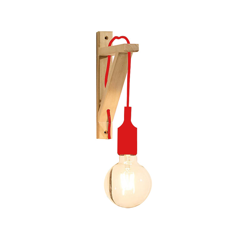 Single Exposed Bulb Wall Mounted Lamp Warehouse Black/Grey/Red Silica Gel Sconce with Wood Triangle Brace Clearhalo 'Industrial wall lights' 'Industrial' 'Middle century wall lights' 'Rustic wall lights' 'Tiffany' 'Wall Lamps & Sconces' 'Wall Lights' Lighting' 1787070