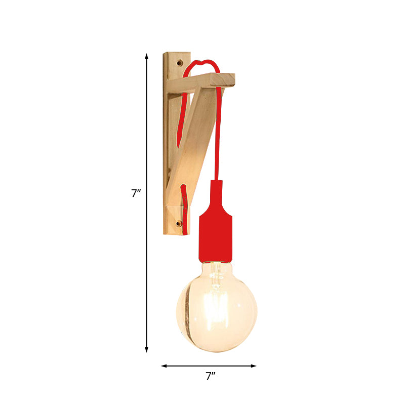 Single Exposed Bulb Wall Mounted Lamp Warehouse Black/Grey/Red Silica Gel Sconce with Wood Triangle Brace Clearhalo 'Industrial wall lights' 'Industrial' 'Middle century wall lights' 'Rustic wall lights' 'Tiffany' 'Wall Lamps & Sconces' 'Wall Lights' Lighting' 1787071