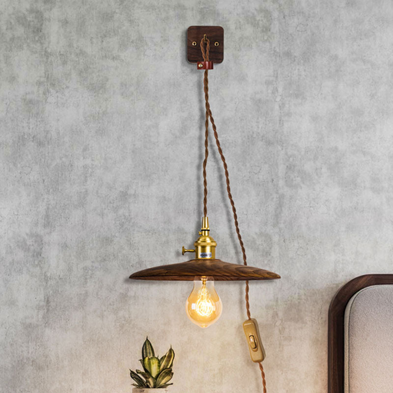 Wood Tray Plug-In Wall Lighting Ideas Rural 1 Bulb 8"/10" Wide Bedside Sconce Light in Brown with Extra Long Wire Cord Clearhalo 'Industrial wall lights' 'Industrial' 'Middle century wall lights' 'Rustic wall lights' 'Tiffany' 'Wall Lamps & Sconces' 'Wall Lights' Lighting' 1787078