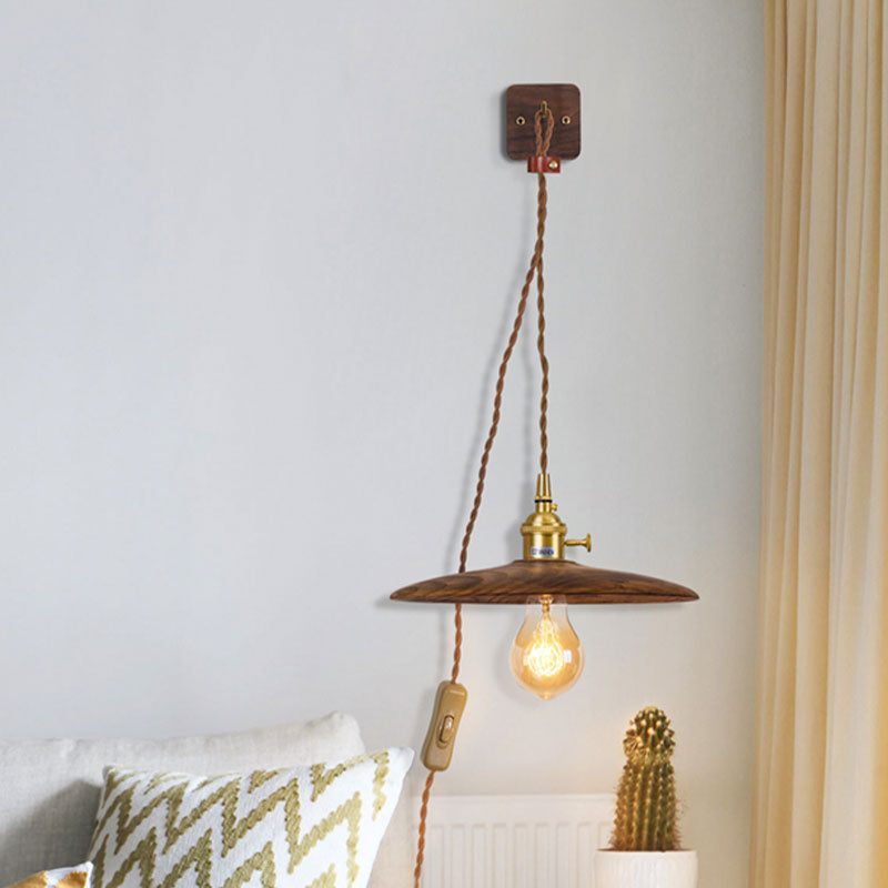 Wood Tray Plug-In Wall Lighting Ideas Rural 1 Bulb 8"/10" Wide Bedside Sconce Light in Brown with Extra Long Wire Cord Clearhalo 'Industrial wall lights' 'Industrial' 'Middle century wall lights' 'Rustic wall lights' 'Tiffany' 'Wall Lamps & Sconces' 'Wall Lights' Lighting' 1787079