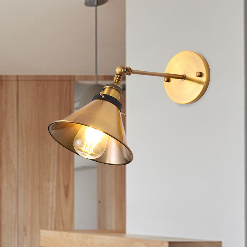 Iron Antiqued Gold Wall Lighting Conic/Barn Shade 1 Bulb Vintage Sconce Light Fixture with Adjustable Joint Clearhalo 'Art deco wall lights' 'Cast Iron' 'Glass' 'Industrial wall lights' 'Industrial' 'Middle century wall lights' 'Modern' 'Rustic wall lights' 'Tiffany' 'Traditional wall lights' 'Wall Lamps & Sconces' 'Wall Lights' Lighting' 1787090