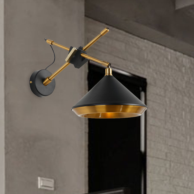Retro Conical Swivelable Wall Light 1 Head Iron Sconce Lighting in Black/White and Brass Inner with X Arm Clearhalo 'Art deco wall lights' 'Cast Iron' 'Glass' 'Industrial wall lights' 'Industrial' 'Middle century wall lights' 'Modern' 'Rustic wall lights' 'Tiffany' 'Traditional wall lights' 'Wall Lamps & Sconces' 'Wall Lights' Lighting' 1787094
