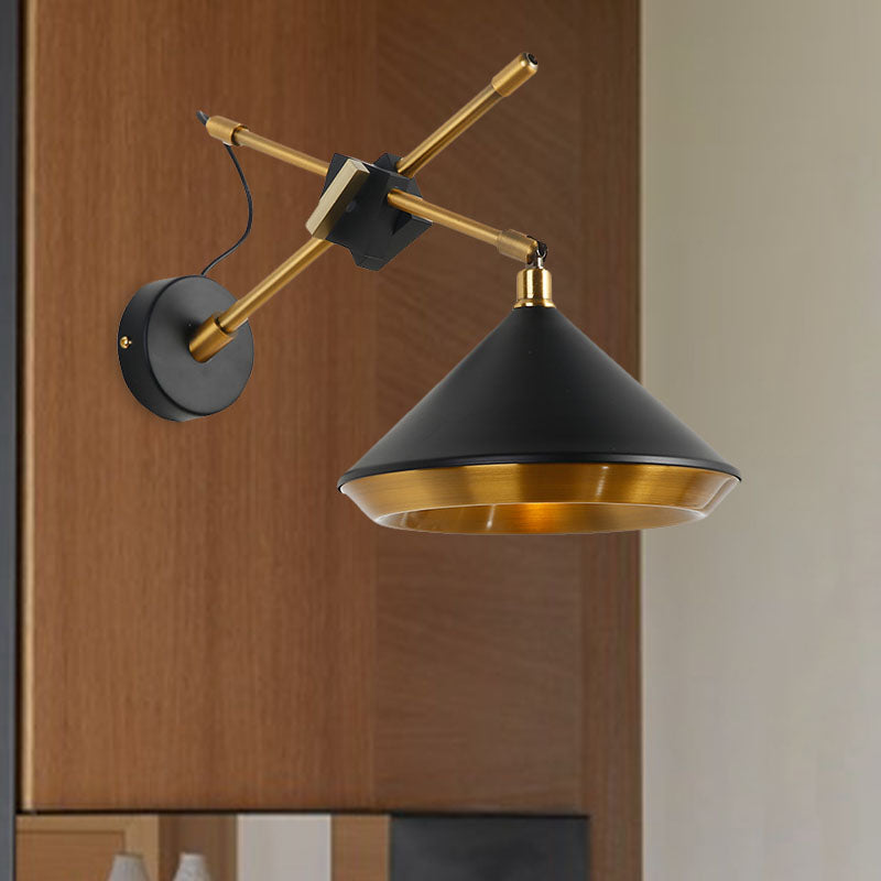 Retro Conical Swivelable Wall Light 1 Head Iron Sconce Lighting in Black/White and Brass Inner with X Arm Clearhalo 'Art deco wall lights' 'Cast Iron' 'Glass' 'Industrial wall lights' 'Industrial' 'Middle century wall lights' 'Modern' 'Rustic wall lights' 'Tiffany' 'Traditional wall lights' 'Wall Lamps & Sconces' 'Wall Lights' Lighting' 1787096