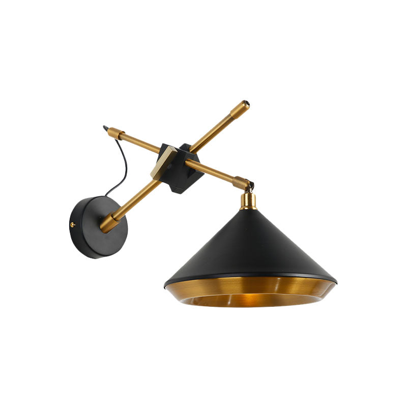 Retro Conical Swivelable Wall Light 1 Head Iron Sconce Lighting in Black/White and Brass Inner with X Arm Clearhalo 'Art deco wall lights' 'Cast Iron' 'Glass' 'Industrial wall lights' 'Industrial' 'Middle century wall lights' 'Modern' 'Rustic wall lights' 'Tiffany' 'Traditional wall lights' 'Wall Lamps & Sconces' 'Wall Lights' Lighting' 1787097