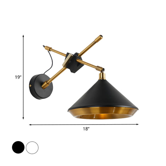 Retro Conical Swivelable Wall Light 1 Head Iron Sconce Lighting in Black/White and Brass Inner with X Arm Clearhalo 'Art deco wall lights' 'Cast Iron' 'Glass' 'Industrial wall lights' 'Industrial' 'Middle century wall lights' 'Modern' 'Rustic wall lights' 'Tiffany' 'Traditional wall lights' 'Wall Lamps & Sconces' 'Wall Lights' Lighting' 1787098