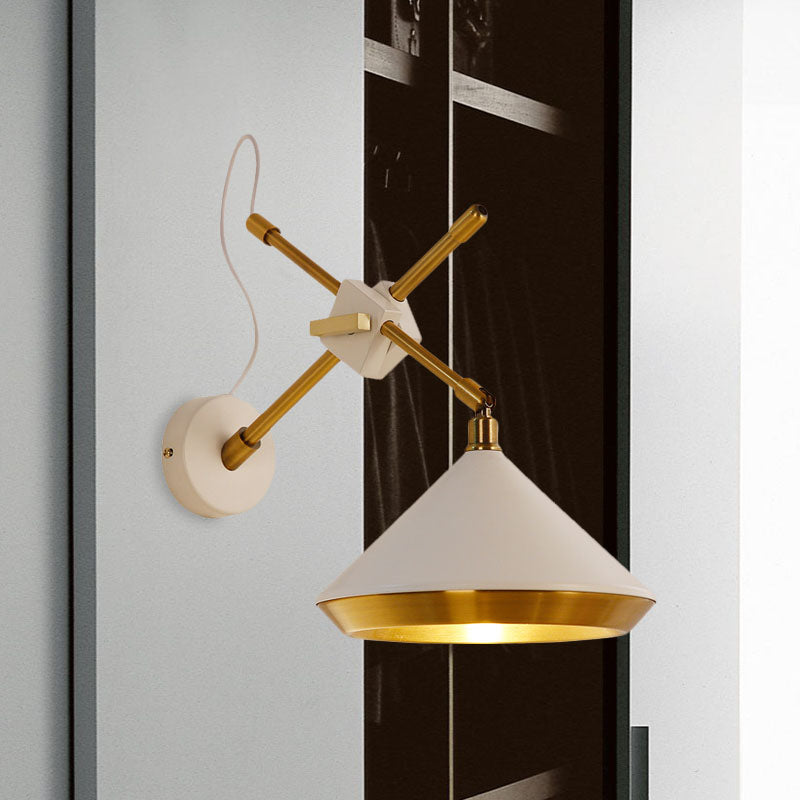 Retro Conical Swivelable Wall Light 1 Head Iron Sconce Lighting in Black/White and Brass Inner with X Arm White Clearhalo 'Art deco wall lights' 'Cast Iron' 'Glass' 'Industrial wall lights' 'Industrial' 'Middle century wall lights' 'Modern' 'Rustic wall lights' 'Tiffany' 'Traditional wall lights' 'Wall Lamps & Sconces' 'Wall Lights' Lighting' 1787099