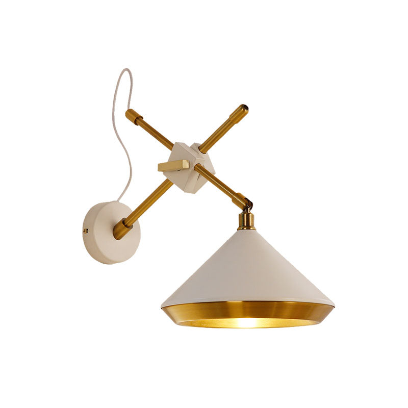 Retro Conical Swivelable Wall Light 1 Head Iron Sconce Lighting in Black/White and Brass Inner with X Arm Clearhalo 'Art deco wall lights' 'Cast Iron' 'Glass' 'Industrial wall lights' 'Industrial' 'Middle century wall lights' 'Modern' 'Rustic wall lights' 'Tiffany' 'Traditional wall lights' 'Wall Lamps & Sconces' 'Wall Lights' Lighting' 1787102