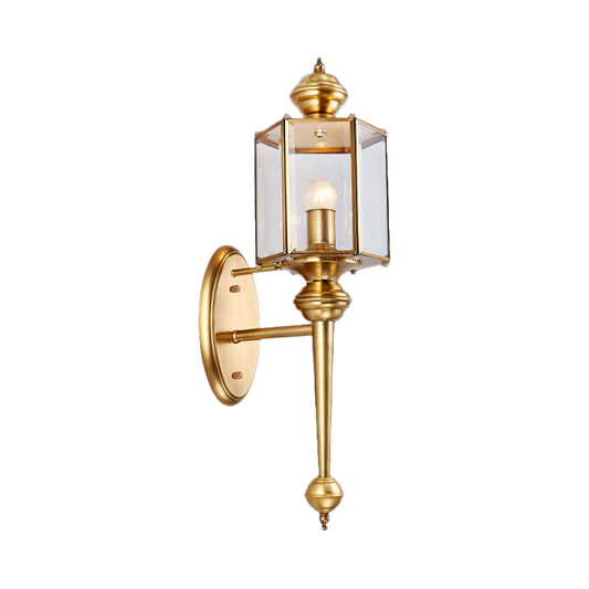 Polygon Hallway Wall Light Fixture Traditional Transparent Glass 1 Head Brass Wall Mount Lighting Clearhalo 'Wall Lamps & Sconces' 'Wall Lights' Lighting' 1787221