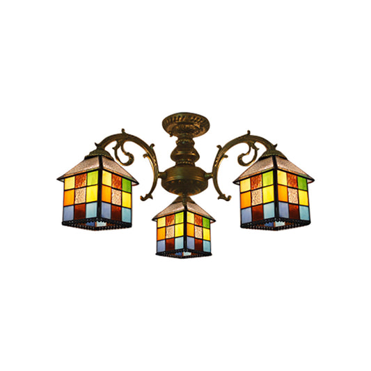 3/5/6 Lights Vintage Tiffany House Chandelier Stained Glass Pendant Light for Restaurant Library Clearhalo 'Ceiling Lights' 'Close To Ceiling Lights' 'Close to ceiling' 'Glass shade' 'Glass' 'Semi-flushmount' 'Tiffany close to ceiling' 'Tiffany' Lighting' 178722