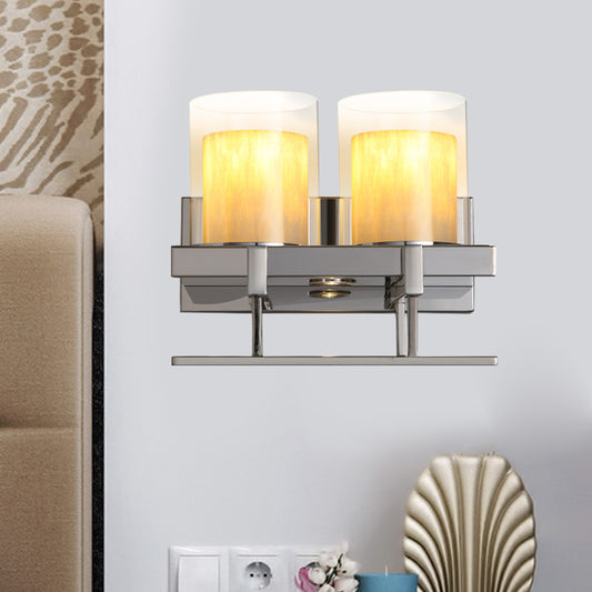 Column Metal Wall Sconce Light Traditional 2 Heads Bedroom Wall Lamp Fixture in Chrome with Glass Holder Clearhalo 'Wall Lamps & Sconces' 'Wall Lights' Lighting' 1787244