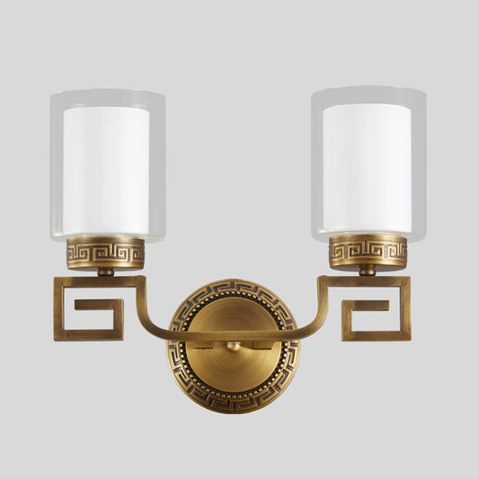 2 Lights Cylinder Sconce Lamp Colonialist Gold Clear and Opal Glass Wall Mounted Light Fixture Clearhalo 'Wall Lamps & Sconces' 'Wall Lights' Lighting' 1787261