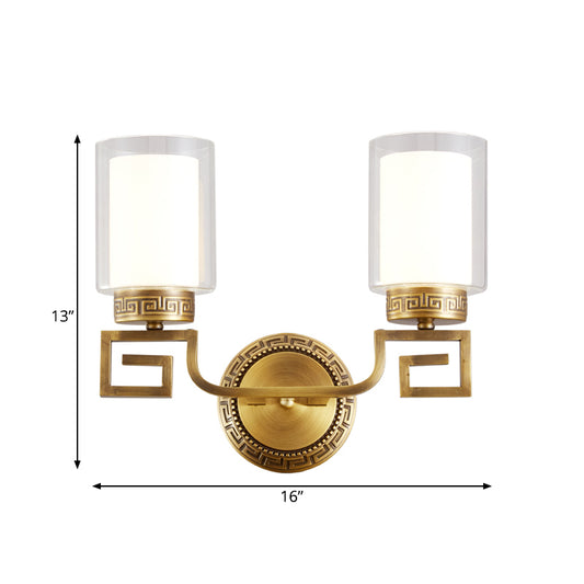 2 Lights Cylinder Sconce Lamp Colonialist Gold Clear and Opal Glass Wall Mounted Light Fixture Clearhalo 'Wall Lamps & Sconces' 'Wall Lights' Lighting' 1787262