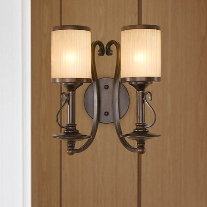Traditional Column Wall Sconce Light 2 Lights Frosted Prismatic Glass Wall Mounted Lighting in Brown Brown Clearhalo 'Wall Lamps & Sconces' 'Wall Lights' Lighting' 1787323