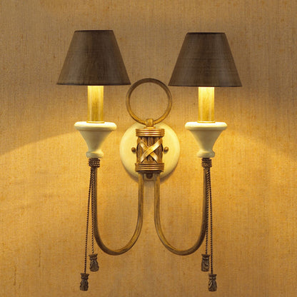 Swooping Arm Parlor Sconce Light Vintage Iron 2 Lights Gold Wall Mount Lamp with Tapered Shade and Carved Spike Drop Brown Clearhalo 'Wall Lamps & Sconces' 'Wall Lights' Lighting' 1787352