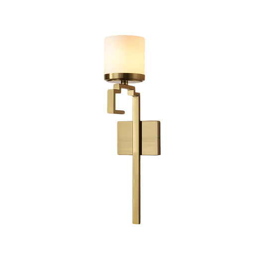 1 Bulb Pillar Sconce Lighting Mid Century Brass Opal Matte Glass Wall Light Fixture with Oriental Element Clearhalo 'Wall Lamps & Sconces' 'Wall Lights' Lighting' 1787369